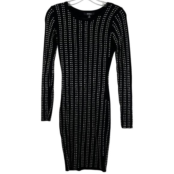 HERA Collection Women's Retro Bodycon Studded Black Dress Long Sleeves Size S - Picture 1 of 16